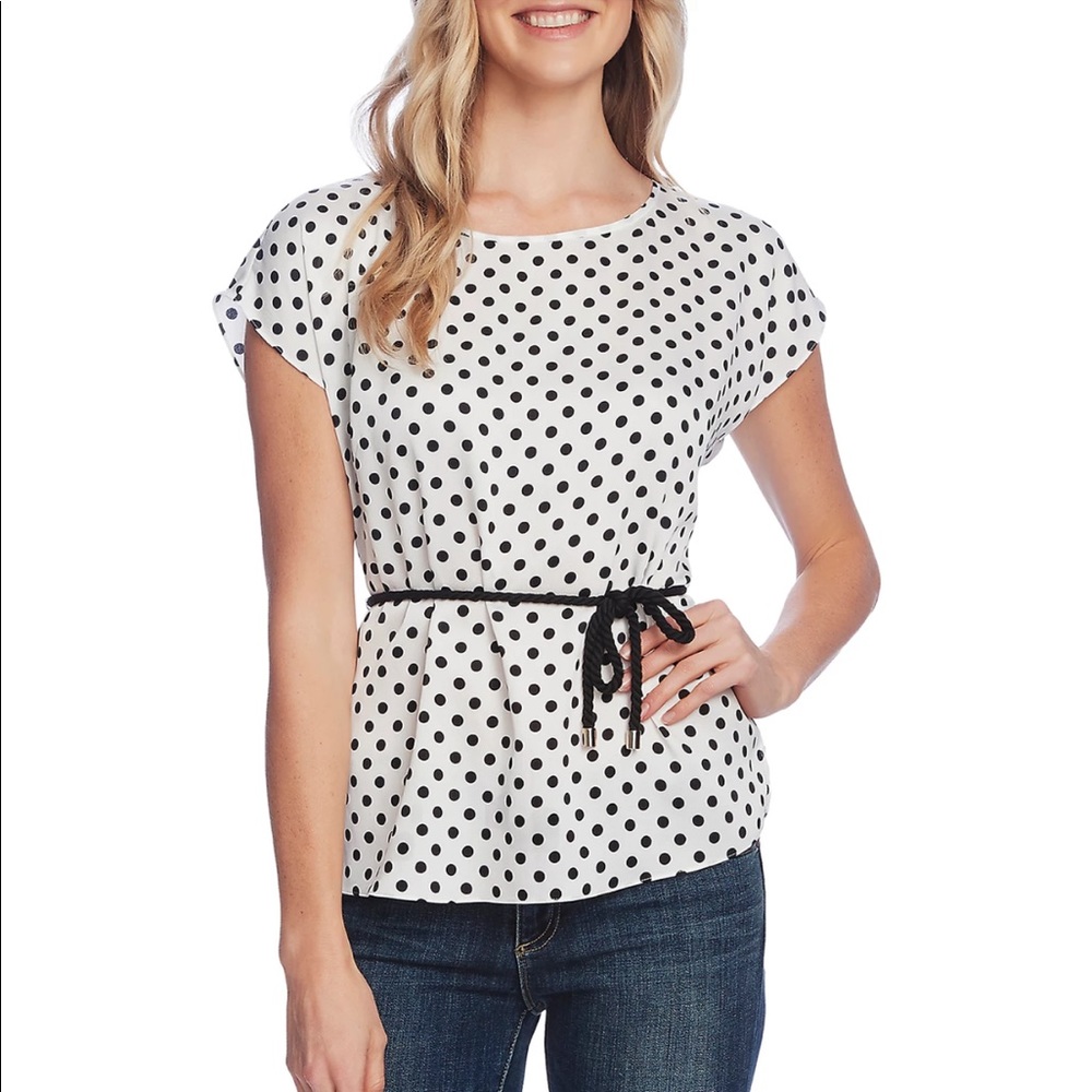 Vince Camuto Ruffle Sleeve Belted Dot Blouse - Picture 1 of 8